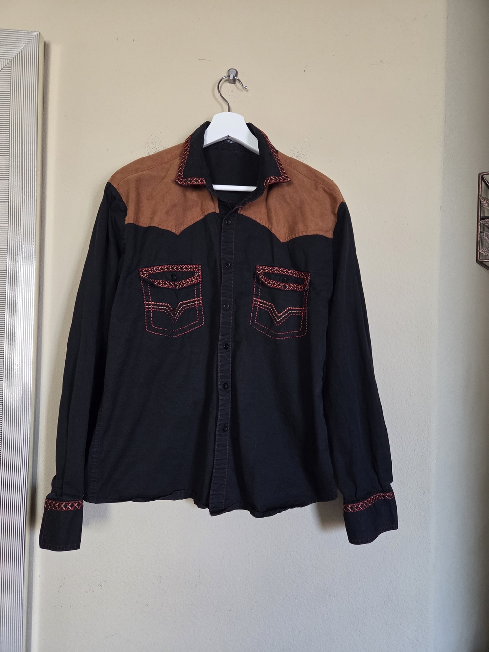 Men's Western-Style Black Shirt with Brown Yoke and Red Stitching